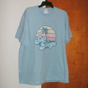 NEW Retro San Diego California Sunset Palm Tree Vacay  Baby Blue Tee T Shirt XL